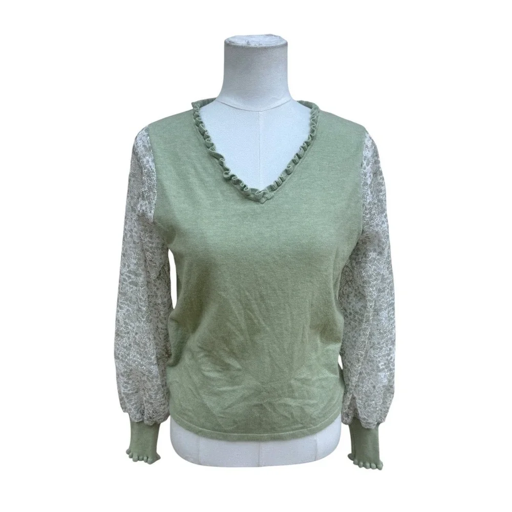Siani Milano Sweater Sage Green Lace Sleeve Ruffle V-Neck Boho Cottagecore Small